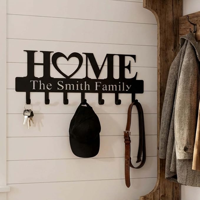 Jceydefy Personalized Key Holder for Wall, Custom Metal Key Hooks with Family Name, Entryway Coat Hook Rack, Leash Collar Hook, Pet Dog Leash Holder, Hooks Organizer