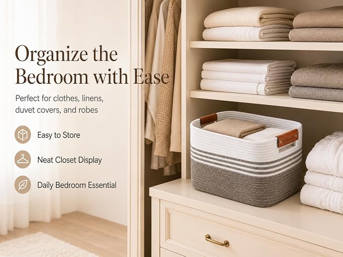 Cotton Rope Laundry Basket Small, 12.8GAL Collapsible Woven Storage Baskets for Living Room Kids Toys Stuffed Animal,Boho Rectangular Decorative Short Hamper for Dirty Clothes, Blankets Dark Brown