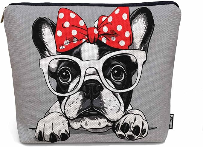 Makeup Bag French Bulldog Makeup Bags For Purse Pouch, Cute Puppy Bulldog Glasses Travel Toiletry Bag Cosmetic Bag Makeup Bags Flax Makeup Organizer Bag Pencil Pouch For Man Woman, Gray