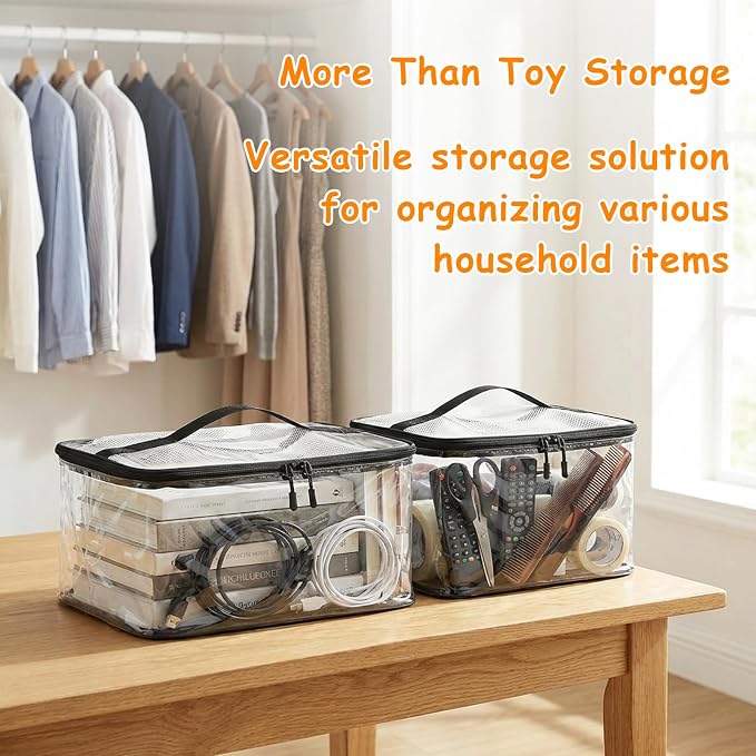 HOUYEE 3 Pack Extra Large Clear Toy Storage Bags With Zipper (Black) | Toy Organizer Bags with Name Tags and Mesh Pocket,Reusable PVC Waterproof Storage Bags for Toys, Board Games, Building Blocks