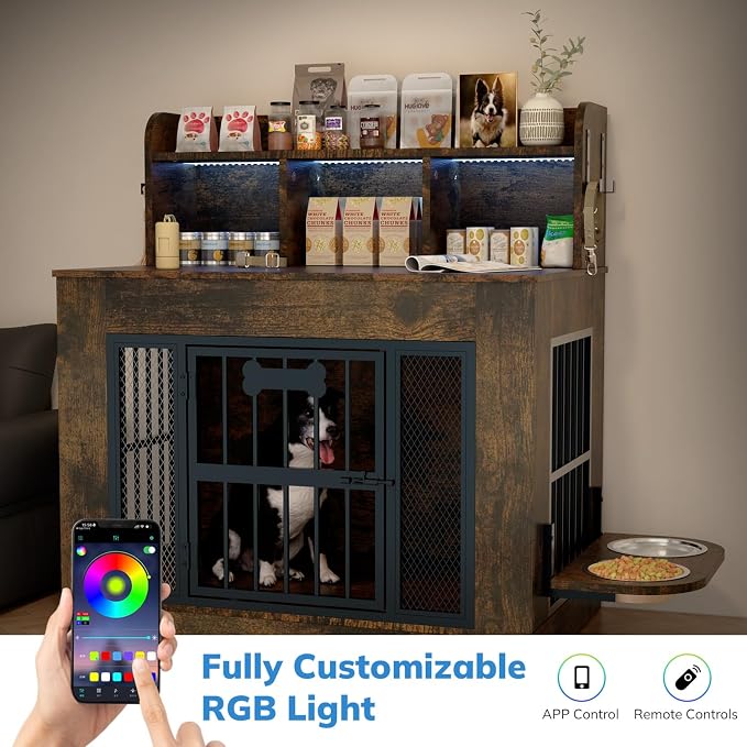 Petrova 33" Dog Crate Furniture with Storage Shelf & 2 Stainless Steel Bowls, Heavy Duty Indoor Dog Kennel for Medium/Small Dogs, Wooden Dog Cage with 4 Hooks, LED Light, Walnut Brown