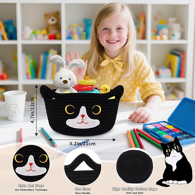 Cat Basket for Nursery, Small Storage Basket,Black Woven Rope Cotton Basket | Baby Blanket Bin with Cat Ears Handles, Animal Blanket Towel Halloween Decor Storage Bins, 8.2" x 4.7" IN