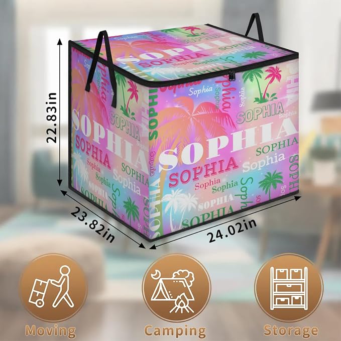 Custom Comforters Storage Basket with Lid, Personalized Name Pink Green Tropical Palm Trees Large Organizer Bin for Pet/Children Toys, Clothes, Perfect for Rooms/Playroom, Colorful Pink Galaxy