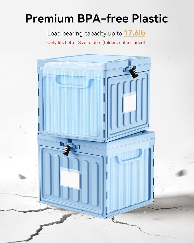 Oterri Lockable Stackable Plastic File Box with Lid for Letter-Size | Hanging File Folders Not Included. Blue, Large 2-Pack. Home, Office, Classroom, Dorm, Tax, Under Bed, Filing Cabinet.