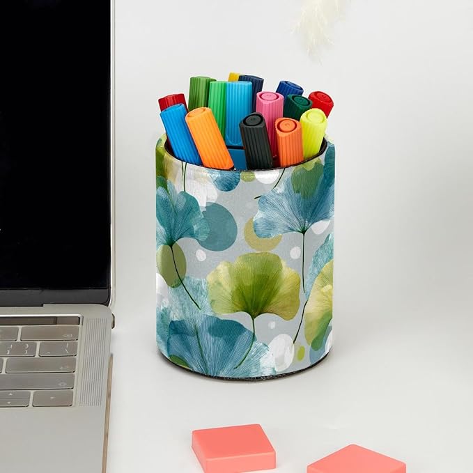 Faux Leather Pen Holder for Desk, Pencil Organizer Artistic Leaves Pen Cup Desk Decor Makeup Brush Holder Storage for Office Home