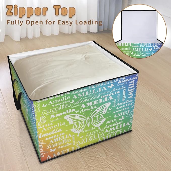 Personalized Name Foldable Storage Basket Cubes with Lid, Butterflies Dirty Clothes Pet Toys Storage Bin with Handles for Shelf Home Closet Kitchen, Gradient Yellow Green Blue Background