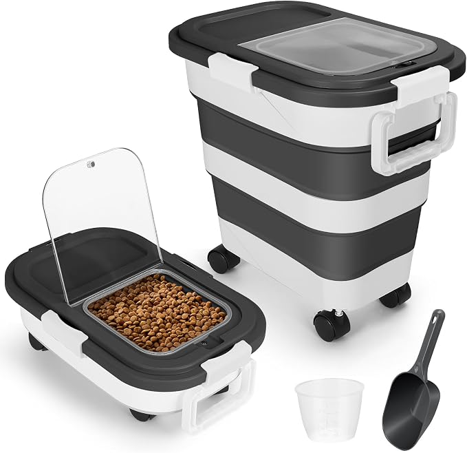 Dog Food Storage Container with Rolling Wheel and Airtight Lid, Black, 30LB | Foldable Food Storage Bins with Snap-Lid Seal to Keep Kibble, Pellets or Seeds Fresh for Dogs, Cats and Birds