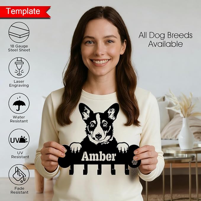 NIWAHO Dog Leash Holder Wall Mount Personalized Name - Custom Collie Metal Sign with Bone Key Hooks, Pet Leash and Key Organizer for Entryway