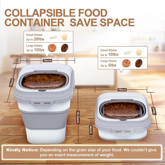 TIOVERY Dog Food Storage Container Small, 10-13lbs Collapsible Dog Cat Food Containers with Airtight Clear Flip-top and Pet Food Scoop, Pet Food Storage Container Bin for Dog Cat Bird Other Pets Grey