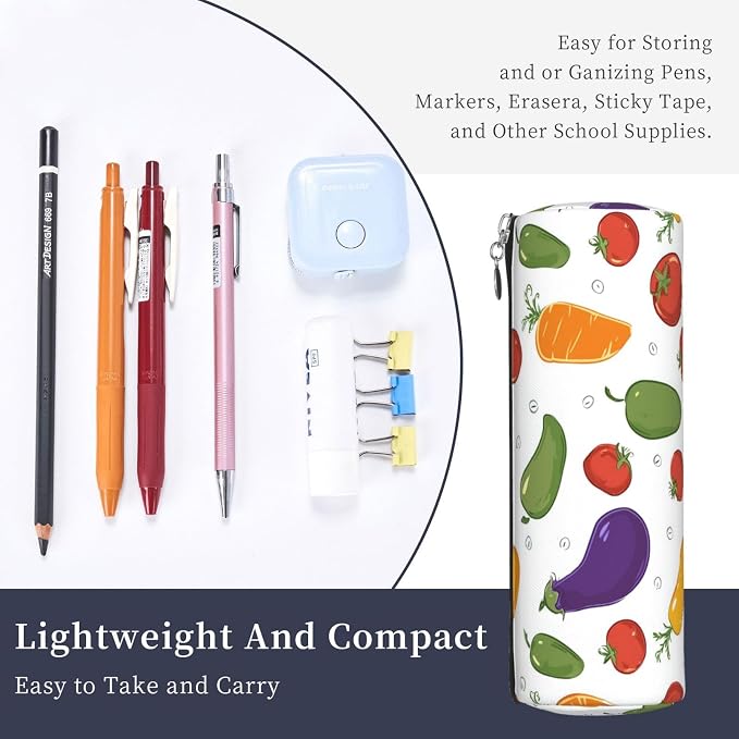 OSAM SPACE Leather Pencil Case Round Pencil Bag Colorful Vegetables Pen Organizer Holder Portable Zipper Pouch Cute School Supplies for Girls Boys Study Office