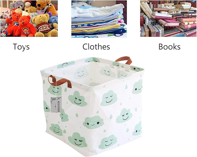 Square Storage Bins Canvas Collapsible Storage Basket with Handles Toy Organizer for Nursery, Kid's Toys, Closet & Laundry, Gift Baskets (Green Cloud)