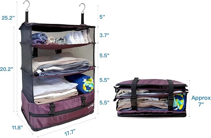Stow-N-Go Hanging Travel Shelves, Packing Organizer for Luggage. Carry on Closet for Suitcase. Expandable Packing Cube. Travel Essentials. (Burgundy, XL = (L) 17.7" x (W) 11.8")