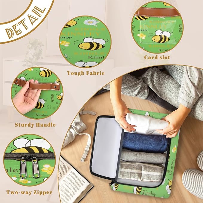 Personalized Foldable Storage Basket with Name, Cartoon Bee with Daisy Floral Spring Green Zipper Lid Laundy Hamper Dirty Clothes Toys Storage Bin with Handles for Shelf Home Closet