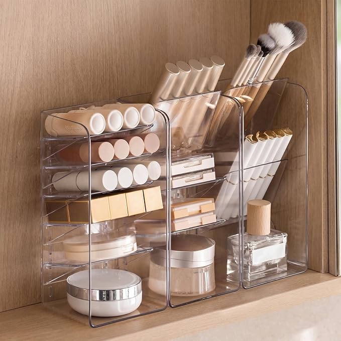 PAVSTINE 3-Pack Medicine Cabinet Organizer, Clear Open Storage Compartment with Adjustable Dividers, for Lip Oil/Lip Pencil/Eye Shadow Palette/Foundation Storage