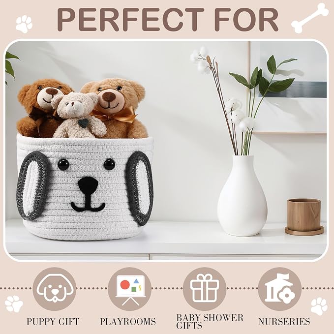 Zopeal Dog Woven Basket, 7.9" D x 6" H Cotton Rope Toy Storage Organizer, Dog Mom Gift Empty, Cute Laundry Puppy Gift Animal Basket for Clothes, Towels, Toy, Laundry, Bathroom, Home(White, Gray)