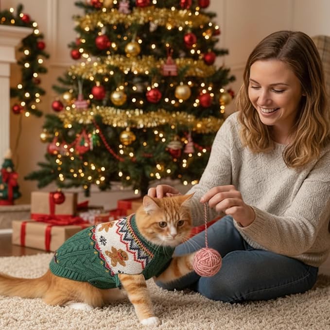 Dog Christmas Sweater Puppy Soft Holiday Xmas Clothes Pet Gingerbread Man Outfit for Small Medium Dogs and Cats Winter Warm Knitwear (Green, X-Small)