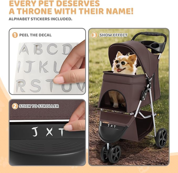 Magshion 3-Wheel Pet Stroller for Small/Medium Dogs & Cats, Up to 33lbs | Foldable Travel Jogger w/ Breathable Mesh Cover, Lightweight Design, Safety Tethers, Cup Holder & Storage Basket