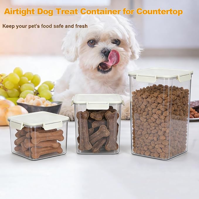 Airtight Dog Treat Container Set of 3, Pet Food Storage Bin for Dog Cat, Plastic Dogs Treat Organizer for Kitchen Counter, Dog Cookie Jar-Keep Kibble Fresh Crispy-BPA free(Up to 8Lb/10QT)