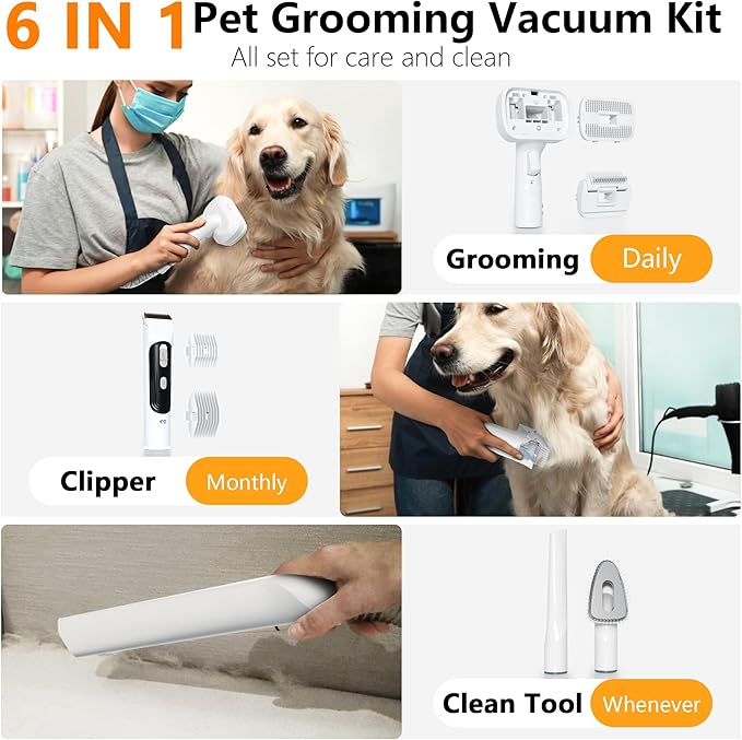 FOTING Dog Grooming Vacuum & Dryer Kit, 2.1L Double Dust Cup 10000pa Dogs Vacuums for Shedding Grooming, 6 in 1 Grooming Tools Cleaning, Low Noise Pet Grooming Vacuum for Dogs, Black