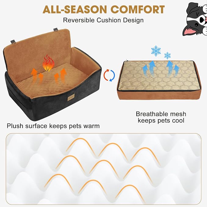 Dog Car Seat for Large Medium Sized Dogs Under 55 lbs, Dog Booster Seat for 2 Small Dogs with Detachable Washable Cover and Cushion, Memory Foam Pet Car Seat with 2 Safety Belts and Storage Pockets
