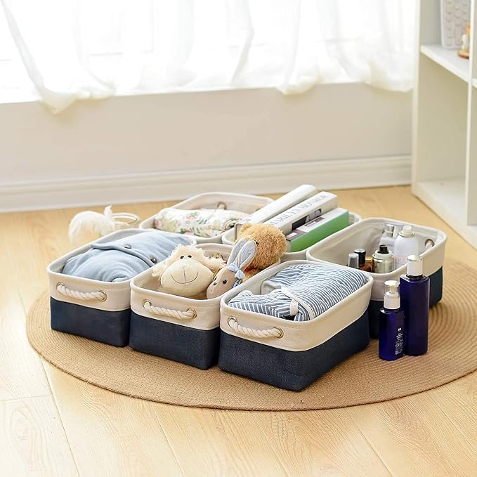 Storage Basket for Organizing - Small 12x8x5.2 inch 6 Pack Collapsible Storage Bin for Shelves, Canves Storage Cubes for Organizer Cloth Box Gift Toys Closet (White & Jean Blue)