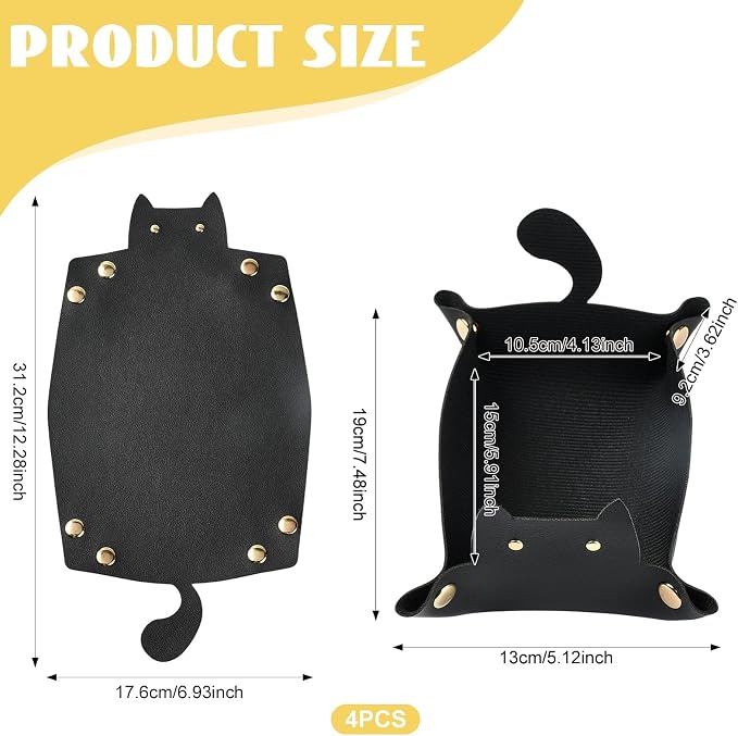Craftdady 4 PCS Foldable Cat-Shaped Valet Tray Black Leather Catch All Tray