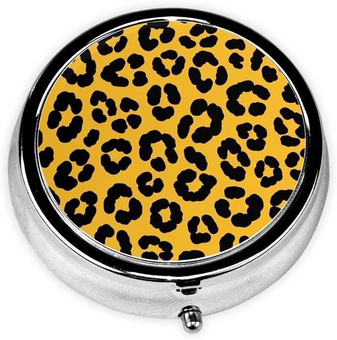 Mini Pill Case, Round Compact Organizer, Portable Holder for Supplements, Travel Pill Box Purse Carry for Students, Wild Animal Cheetah Leopard Print Yellow
