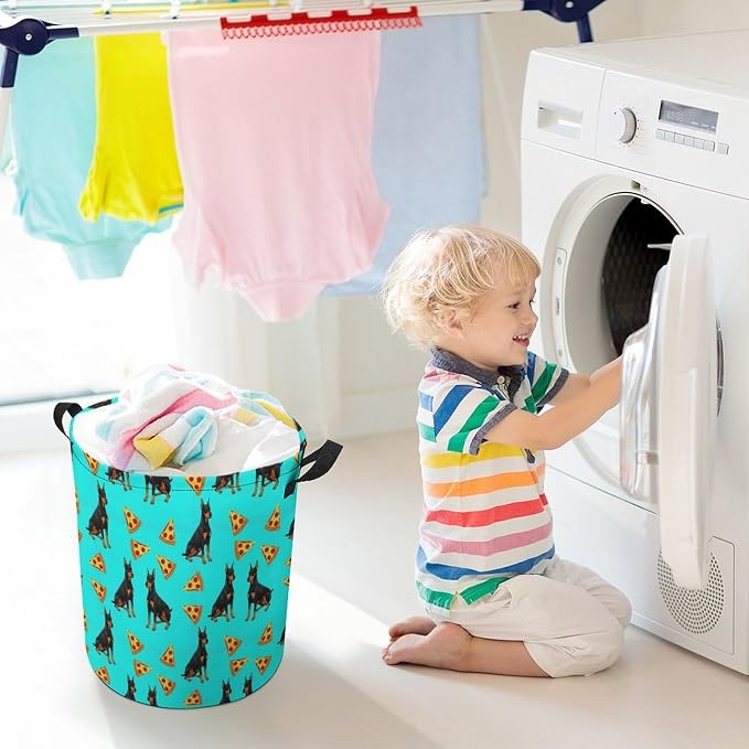 Foldable Clothes Hamper with Handles Doberman Pinscher Turquoise Pizza, Waterproof Laundry Basket for Bedroom, Bathroom, and Toy Storage Needs