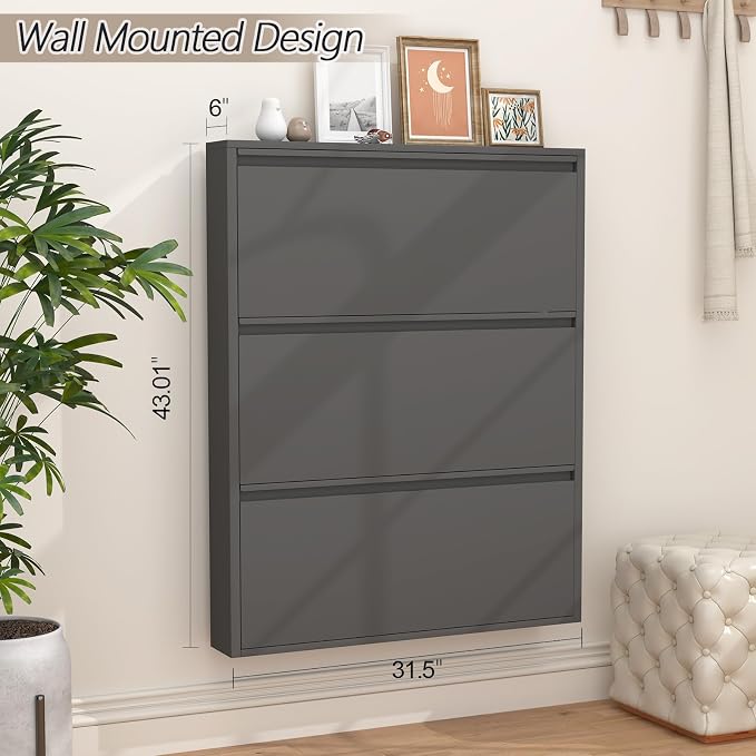 GREATMEET Shoe Cabinet with 3 Flip Drawers, Metal Entrance Shoe Cabinet Storage for Entryway, Modern Hidden Narrow Shoes Rack Organizer Wall Mount for Living Room, Bedroom, Hallway,Black