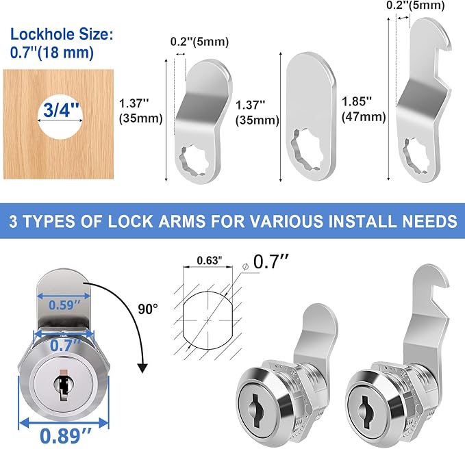 Cylinnda Cabinet Locks (3 Pack, Zinc Alloy), Keyed Alike Cam Lock for Tool Box, RV Storage, Mailbox, 5/8"