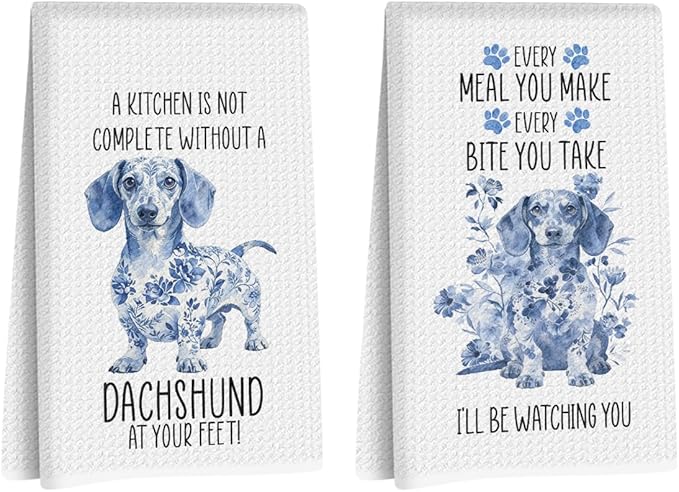 2 Pcs Chinoiserie Dachshund Kitchen Towels 24x14 Inch, Dachshund Gifts Reusable Dish Towels for Kitchen Decor, Blue and White Floral Waffle Weave Hand Towel, Weiner Dog Gifts for Women Mom
