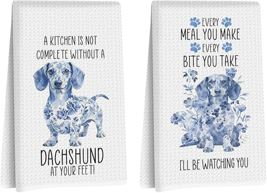 2 Pcs Chinoiserie Dachshund Kitchen Towels 24x14 Inch, Dachshund Gifts Reusable Dish Towels for Kitchen Decor, Blue and White Floral Waffle Weave Hand Towel, Weiner Dog Gifts for Women Mom