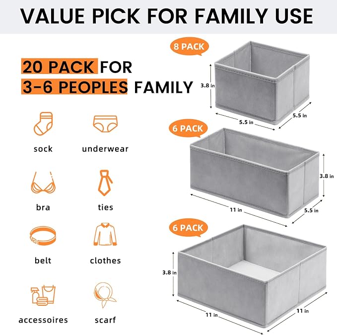 Criusia 20 Pack Drawer Organizer Clothes with 6 Pack Large Clear Plastic Drawer Organizer Trays
