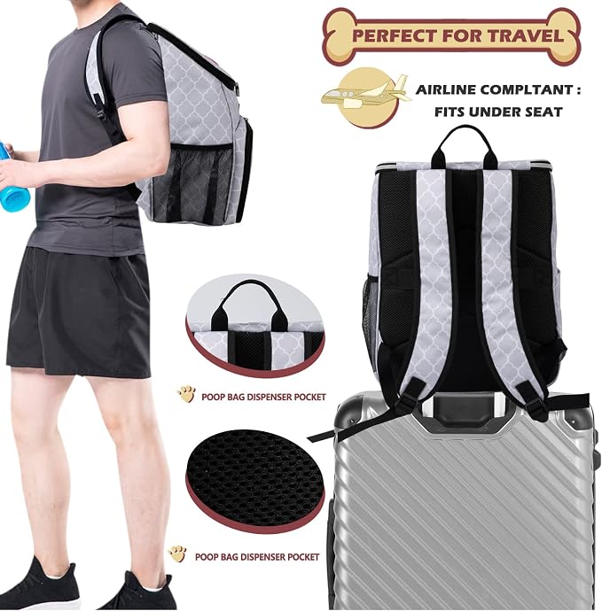 BAGLHER Dog Travel Bag Backpack, Airline Approved Pet Supplies Backpack, Dog Travel Bag with 2 Silicone Collapsible Bowls and 2 Food Baskets DLWhite