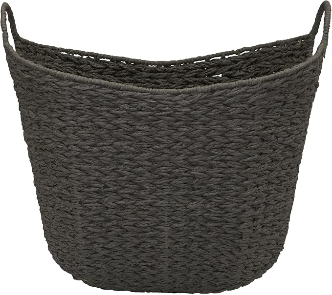 Household Essentials Handwoven Paper Rope Storage Basket with Metal Frame and Handles, Gray