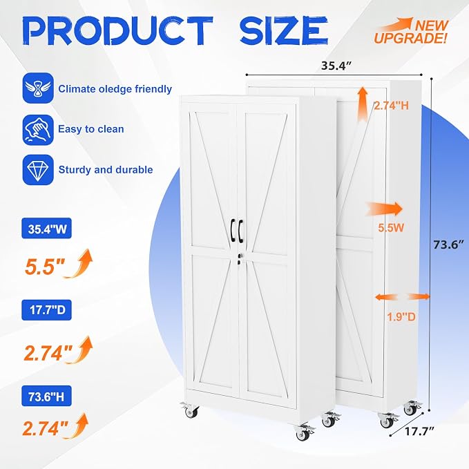 GAIOUS 73.6" Tall Metal Storage Cabinet with Lock and Wheels, File Cabinet | for Home Office, Garage Storage Cabinets with 2 Door and 5 Adjustable Shelves, Rolling Tool Cabinet, Utility Cabinet, White