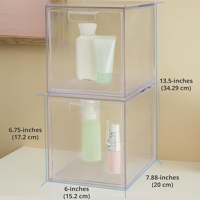 STORi Audrey Stackable Bin Clear Plastic Organizer Drawers | 2 Piece Set | Organize Cosmetics and Beauty Supplies on a Vanity | Made in USA (Pack of 3)