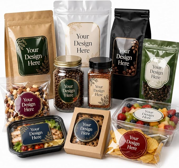 Custom Food Packaging Labels - Product Waterproof Vinyl Stickers | or Coffee Bags, Tea Pouches, Spice Jars, Snack Bags, Cookie Boxes, Food Containers, Glossy Custom Product Labels