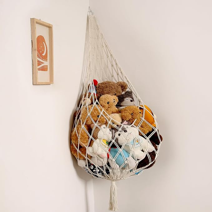 Amdermi Novel Stuffed Animal Hammock Corner Hanging Net for Stuff Aniaml Storage Macrame Toy Display Plush Toy Holder-Perfect for The Tiny Space Walls (cream, XXL)