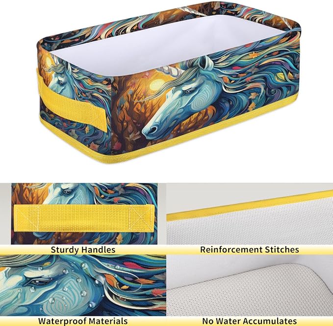 Unicorn Leaf Warmth Bathroom Storage Basket, Foldable with Handle Open Countertop Paper Towel Decorative Box, Toilet Tank Top Shelf Baskets for Home Closet Bedroom Living Room Office