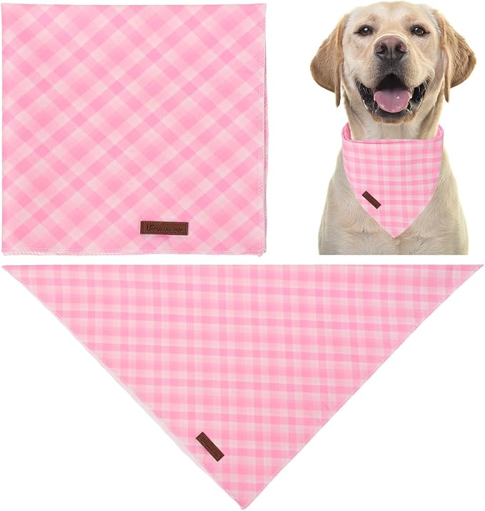 Pink Checkered Dog Bandana, Spring Summer Pink Plaid Puppy Bandana for Girl Female Dogs, Soft Cotton Pet Triangle Bid Scarf Kerchief for Girl Boy Dogs or Cats