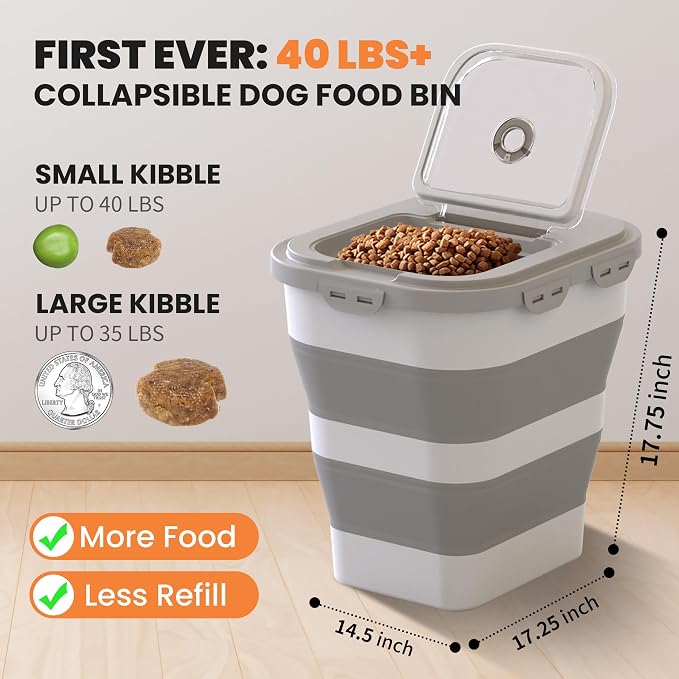 35-40Lbs Airtight Dog Food Storage Container Collapsible Dog Food Container | Large Pet Food Storage Container with Lid, Wheels,Date Track,Keep Fresh for Rice,Flour,Sugar,Scoop,2PCS Container