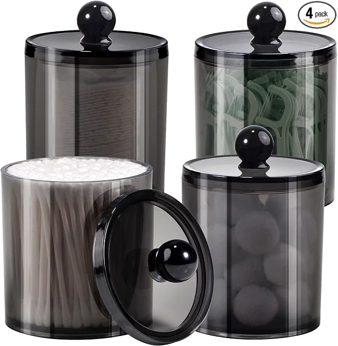 SheeChung 4 Pack Black Qtip Holder,Acrylic Apothecary Jars with Lids | (2) 12oz & (2) 10oz Q Tip Holder - Shatterproof Bathroom Vanity Organizer for Cotton Swabs, Balls, Pads, Floss Picks