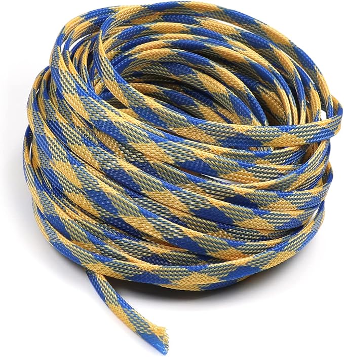 Jutagoss PET Expandable Braided Cable Sleeve, 32.8ft - 5/16 inch Blue Yellow Cable Management Sleeve, Wire Loom Tube Cord Protector for USB Cable, Power Cord, Audio Video and More, 1Pc