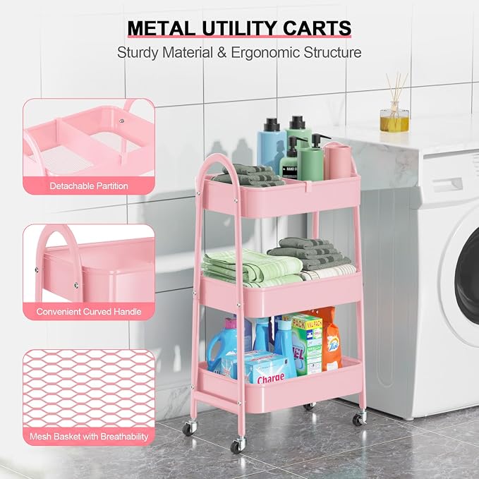 3 Tier Utility Rolling Cart, Metal Storage Cart with Handle and Lockable Wheels, Multifunctional Storage Organizer Trolley with Mesh Baskets for Kitchen, Living Room, Office, Garage (Pink)
