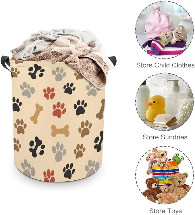 Collapsible Waterproof Laundry Basket Dog Bone Paw Prints Cream, Portable Hamper with Handles for Clothes, Toys, and Home Organization