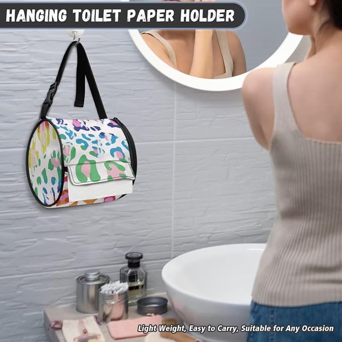 Hanging Paper Tower Holder Wall Mounted Cylinder Toilet Paper Roll Storage Holder with Adjustable Strap Easy to Install 6.3 * 6.3 * 6.3 Inch,Tie Dye Leopard