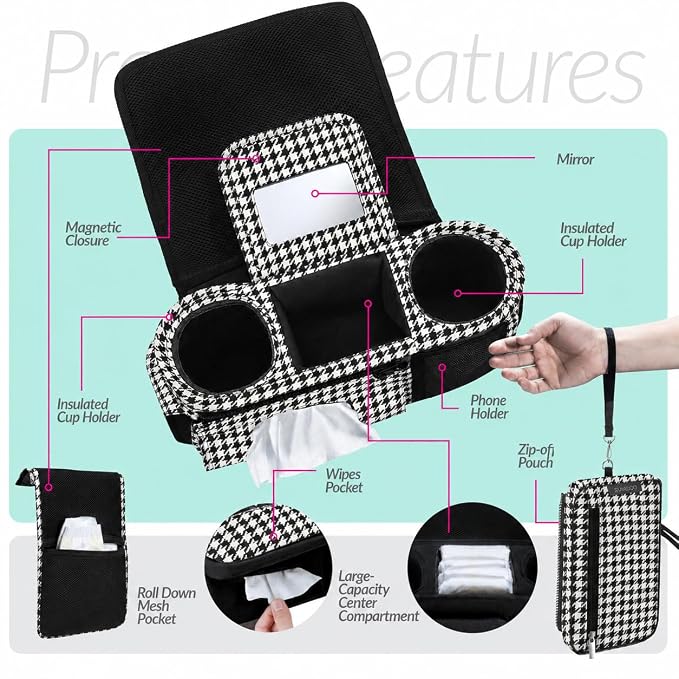 Stroller Organizer Non Slip Straps Stroller Caddy With Cup Holder, Stroller Bag for Phone, Pet Stroller Accessories, Universal Fits Uppababby Vista v2 Wonderfold Wagon, Doona and More (Houndstooth)