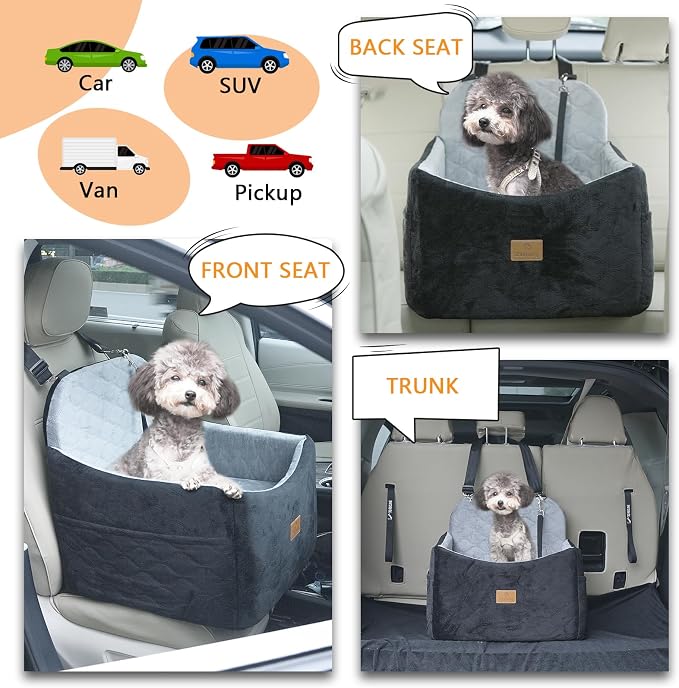 Dog/Cat Car Seat Pet Booster Seat for Dogs/Cats up to 30 lbs | Suitable for Small/Medium Pet Memory Foam with Detachable Washable Cover Travel-Safe Car Bed with Safety Belt/Storage Pocket