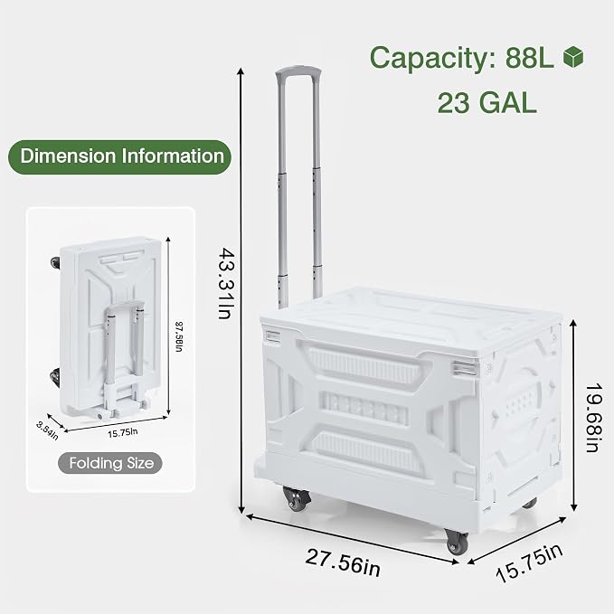 VECELO 23 GAL 2-in-1 Foldable Shopping Cart, Collapsible Utility Cart with Adjustable Handle & 360° Wheels, Dual-Mode Rolling Crate (Basket/Flatbed) for Groceries, Camping, Compact Storage, White